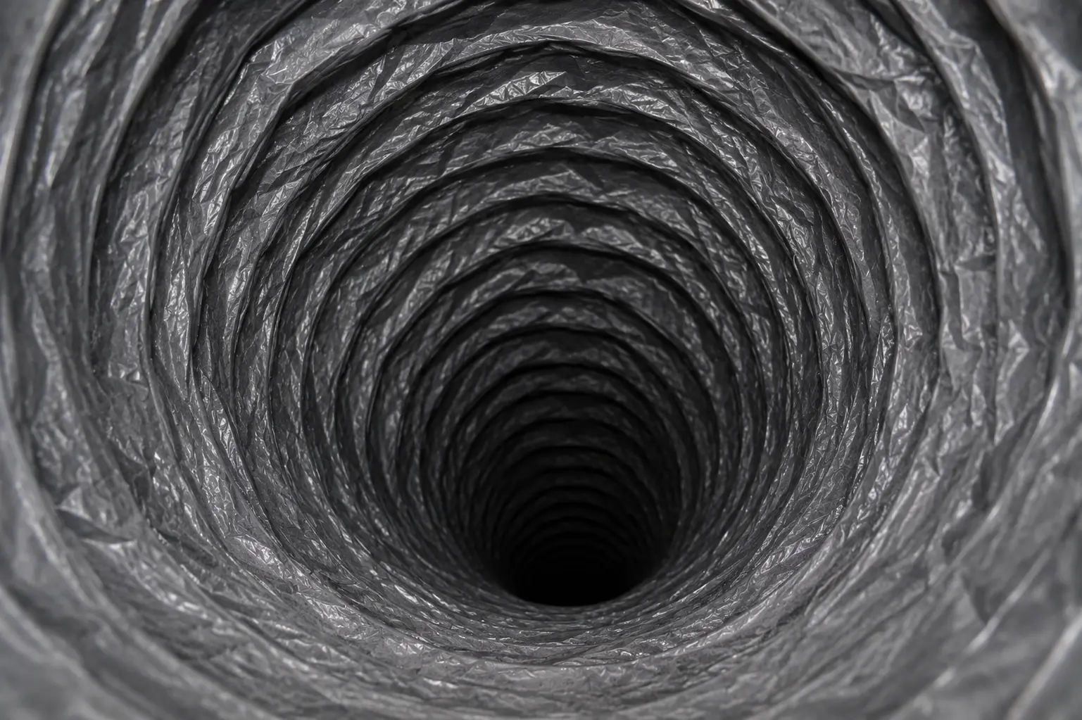Flexible air duct interior after cleaning, clean foil liner