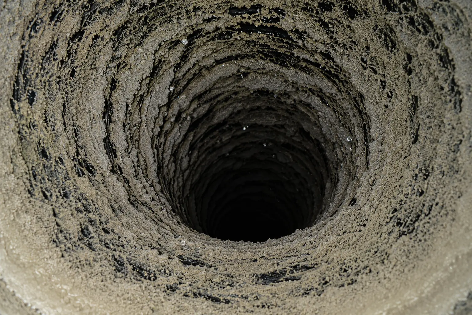 Flexible air duct interior before cleaning, heavy dust and debris buildup
