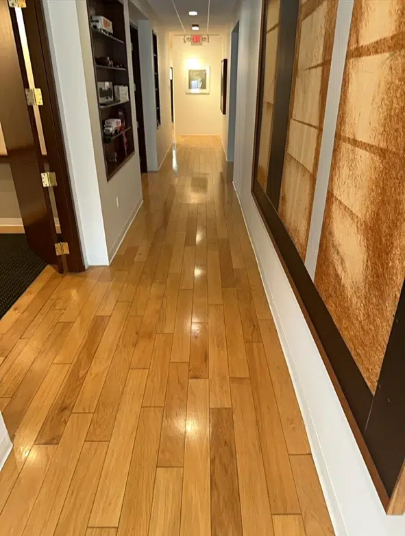 Glossy hardwood floor in a hallway